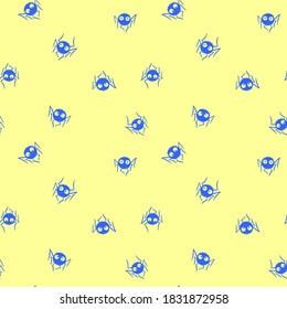 Seamless pattern of cute little spiders with eyes. Halloween vector backgrounds and textures. Isolated, hand drawn illustration.