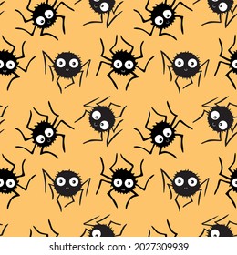 Seamless pattern of cute little spiders with eyes. Halloween vector backgrounds and textures. Black and white, isolated, hand drawn illustration