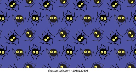 Seamless pattern of cute little spiders with eyes. Halloween vector backgrounds and textures in flat style
