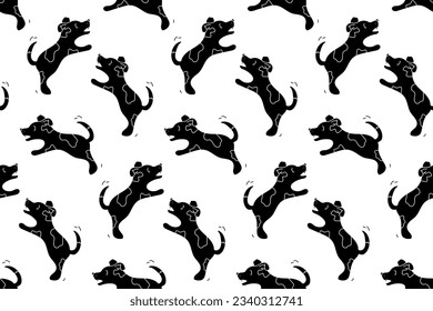 Patrón sin foco con adorable perro cachorro saltando vector de silueta