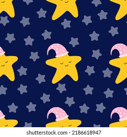 Seamless pattern. A cute little star is sleeping in a sleeping hat on a blue background. The theme of the lullaby. Vector cartoon illustration