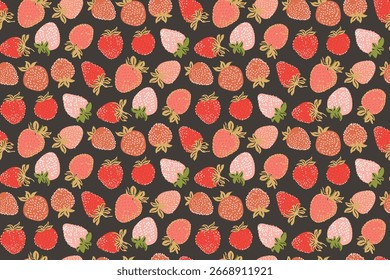 
Patrón sin fisuras con lindas pequeñas bayas de fresa. Estampado de bayas frescas sobre fondo marrón oscuro. Ilustración vectorial de estilo para textiles, telones de fondo, Anuncios, papel de embalaje y Diseño web...