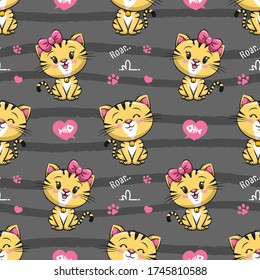 Seamless Pattern Cute Little Tiger. Cat Cartoon Illustration