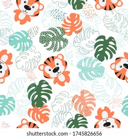 Patrón sin foco de tigre lindo y hojas tropicales. Impresión de niños en ropa.Ilustración vectorial