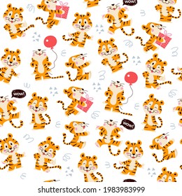 Seamless pattern with cute little tiger characters walk, jump, carry gift box, hold air balloon isolated. Vector hand drawn flat illustration. For nursery decor, wallpaper, wrapping paper, packaging