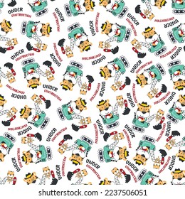 Seamless pattern of Cute little tiger on excavator. Can be used for t-shirt print, kids wear fashion design, print for t-shirts, baby clothes, poster. and other decoration.