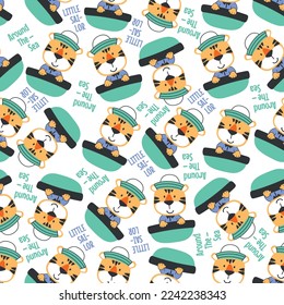 Seamless pattern with cute little tiger the sailor, Cute Marine pattern for fabric, baby clothes, background, textile, wrapping paper and other decoration