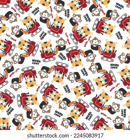 Seamless pattern of Cute little tiger on excavator. Can be used for t-shirt print, kids wear fashion design, print for t-shirts, baby clothes, poster. and other decoration.