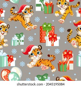 Seamless pattern with cute little tigers character, gifts and snowflakes. Winter Christmas concept. Vector illustration isolated on gray background. For design, print, decor, wallpaper,linen,textile