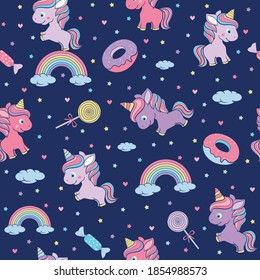 Seamless pattern with cute little unicorn. clouds, unicorn, rainbow and stars, with sweets, doughnuts and lollipops. Amazing illustration for kids. Night theme for wallpaper, print, textile