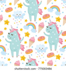 Seamless pattern with cute little unicorn. Ice cream, clouds, rainbow and stars. Fantasy and lovely illustration for kids. Theme for wallpaper, print, textile.