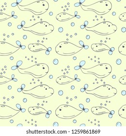 Seamless pattern of cute little whales on the green background, children`s textures for textile, print, wallpaper, wrapping, vector cartoon animals