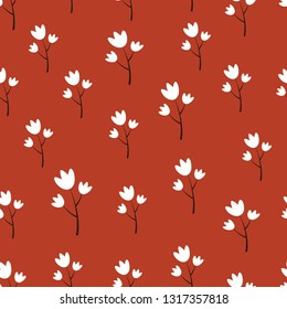 Seamless pattern with cute little white flowers on red background