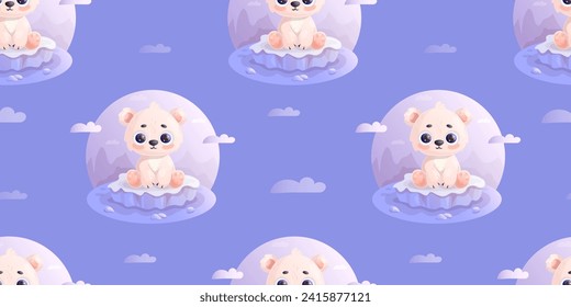 Seamless pattern with cute little white polar bear on ice floe on purple background. Vector illustration in cartoon style. Kids collection