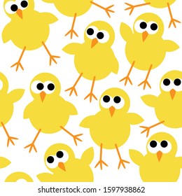 Seamless pattern with cute little yellow chickens / easter chicks. Repetitive flat vector illustration on transparent background. EPS 10.