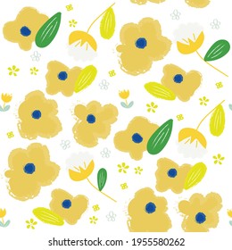 seamless pattern of cute little yellow flowers with crayon edge. 