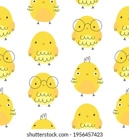 Seamless pattern with cute little yellow chicks. Happy Easter day. Cartoon illustration for the decor and design of posters, postcards, prints, stickers, wrapping paper, wallpaper,invitations.