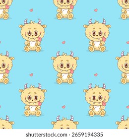 Padrão contínuo com pequeno monstro amarelo bonito no fundo azul. Romântico Funny kawaii personagem animal. Ilustração vetorial. Coleção Kids