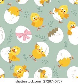 Patrón sin fisuras con pollitos amarillos lindos y huevos de Pascua
