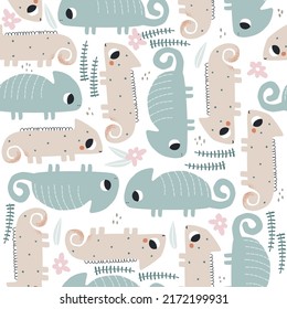 Seamless pattern with cute lizards. Tropical summer print. Vector hand drawn illustration.