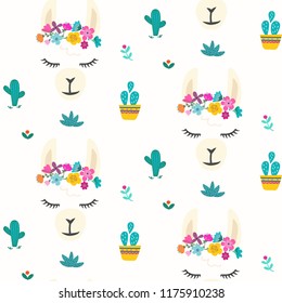 Seamless pattern with cute llama alpaca character vector graphic design. Cartoon llama head with flower crown illustration for party decor or print