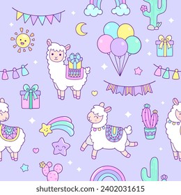 Seamless pattern of cute llama alpaca birthday stickers icon