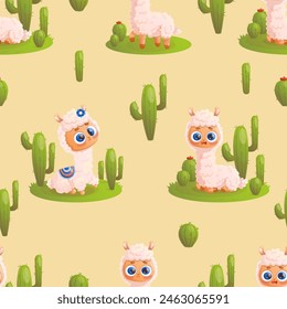 Seamless pattern with cute Llama alpaca on background with cactus. Vector illustration for design, wallpaper, packaging, textile. Kids collection