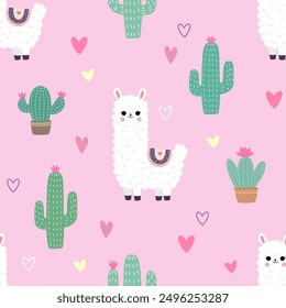 Seamless pattern with cute llama alpaca in pink background