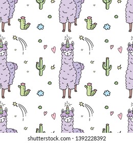 Seamless pattern with Cute Llama animal with horn.Llama unicorn texture background. Vector illustration