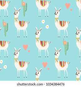 Seamless pattern with cute llama, cactus and hearts on a blue background. Vector illustration.