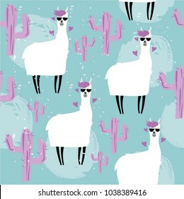 Seamless pattern with cute llama and cactus. Funny print with alpaca character