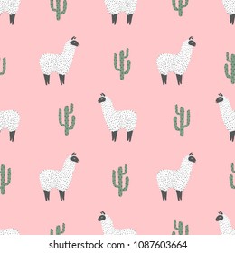 Seamless pattern with cute llama and cactus. Vector background.