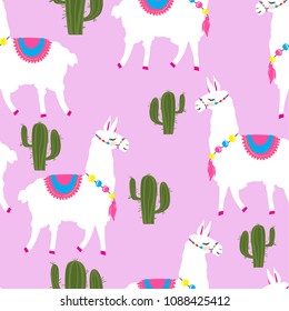 Seamless pattern with a cute llama and cactus. Pink Background for wrapping paper, clothes, fabric, textiles, wallpaper, socks, web, cards. Vector animal illustration for kids.