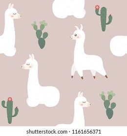 Seamless pattern. Cute llama and cactus.