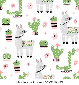 Seamless pattern with cute llama and cactus. Creative childish texture. Great for fabric, textile. Vector Illustration