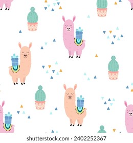 seamless pattern with cute llama, cactus and gift, vector illustration of animal for birthday or new year decoration, flat style