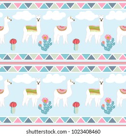 Seamless pattern with cute llama, castus and flower. Llama, cactus, flower pattern with Aztec geometric striped background