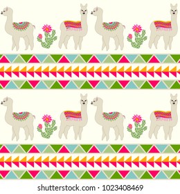 Seamless pattern with cute llama, castus and flower. Llama, cactus, flower pattern with Aztec geometric striped background