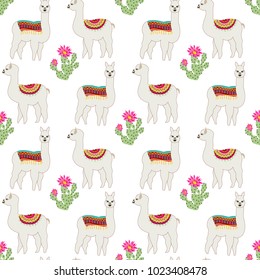 Seamless pattern with cute llama, castus and flower. Vector abstract background for kid. Hand drawn lama design with sweet cacti.