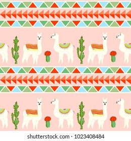 Seamless pattern with cute llama, castus and flower. Llama, cactus, flower pattern with Aztec geometric striped background