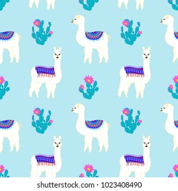 Seamless pattern with cute llama, castus and flower. Vector abstract background for kid. Hand drawn lama design with sweet cacti. 