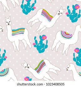 Seamless pattern with cute llama, castus and flower. Vector abstract background for kid. Hand drawn lama design with sweet polka dot background