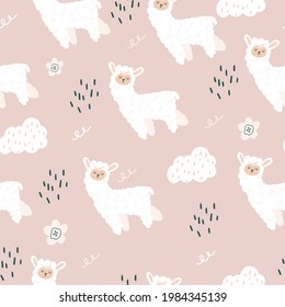 Seamless pattern with a cute llama with clouds.  A fabulous animal. Flat doodle style.  Vector illustration with a llama for decorating a children's room, wallpaper, fabrics, dishes, albums.