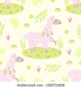 seamless pattern with cute llama with flowers - vector illustration, eps