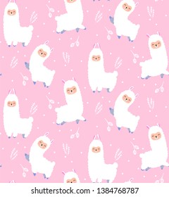 Seamless pattern with cute llama and hand drawn elements. Great for fabric, textile, nursery design, poster, birthday greeting card