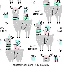 Seamless pattern with cute llama. Happy birthday. Creative childish texture. Great for fabric, textile Vector Illustration