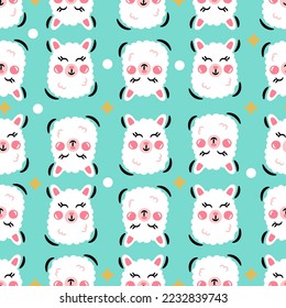 seamless pattern cute llama head