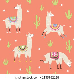 seamless pattern with cute llama illustrations, pink background
