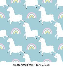 Seamless pattern with cute llama. Lama print. Cartoon animal and rainbow. 