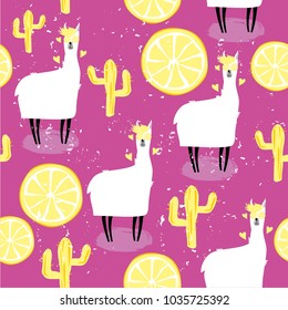 Seamless pattern with cute llama, lemons and cactus. Funny print with alpaca character